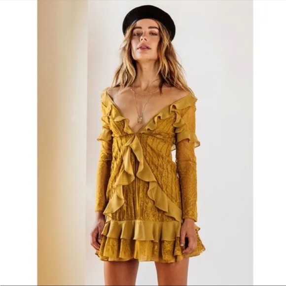 For Love & Lemons Daphne Mini Lace Long Sleeve Ruffled Dress, Chartreuse M - Picture 2 of 10